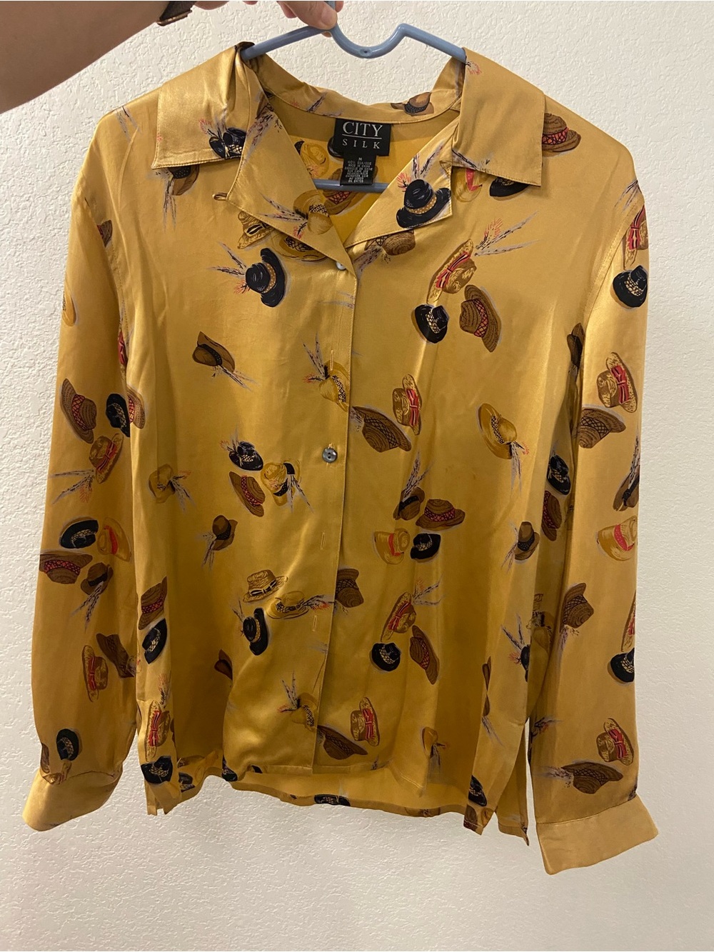 Vintage City Silk Women's Mustard Button-Down Shirt with Hat Print